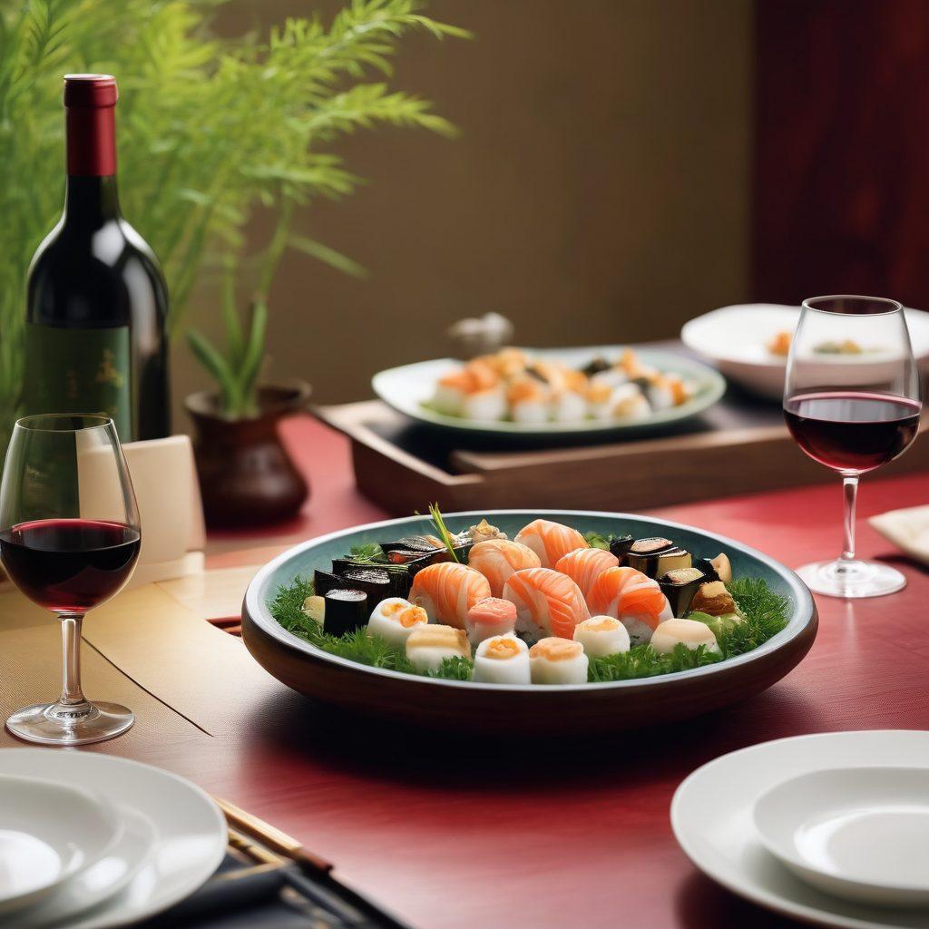 A serene table setting featuring an elegant Asian-themed dinner with delicate dishes like sushi, dim sum, and vibrant stir-fries, paired with exquisite wine glasses filled with rich red and crisp white wines. Soft ambient lighting casts a warm glow, emphasizing the harmony between the wine and Asian cuisine, with lush green bamboo plants in the background. The scene conveys tranquility and indulgence, inviting viewers to savor the art of wine pairing. super-realistic. vibrant colors. soft focus.