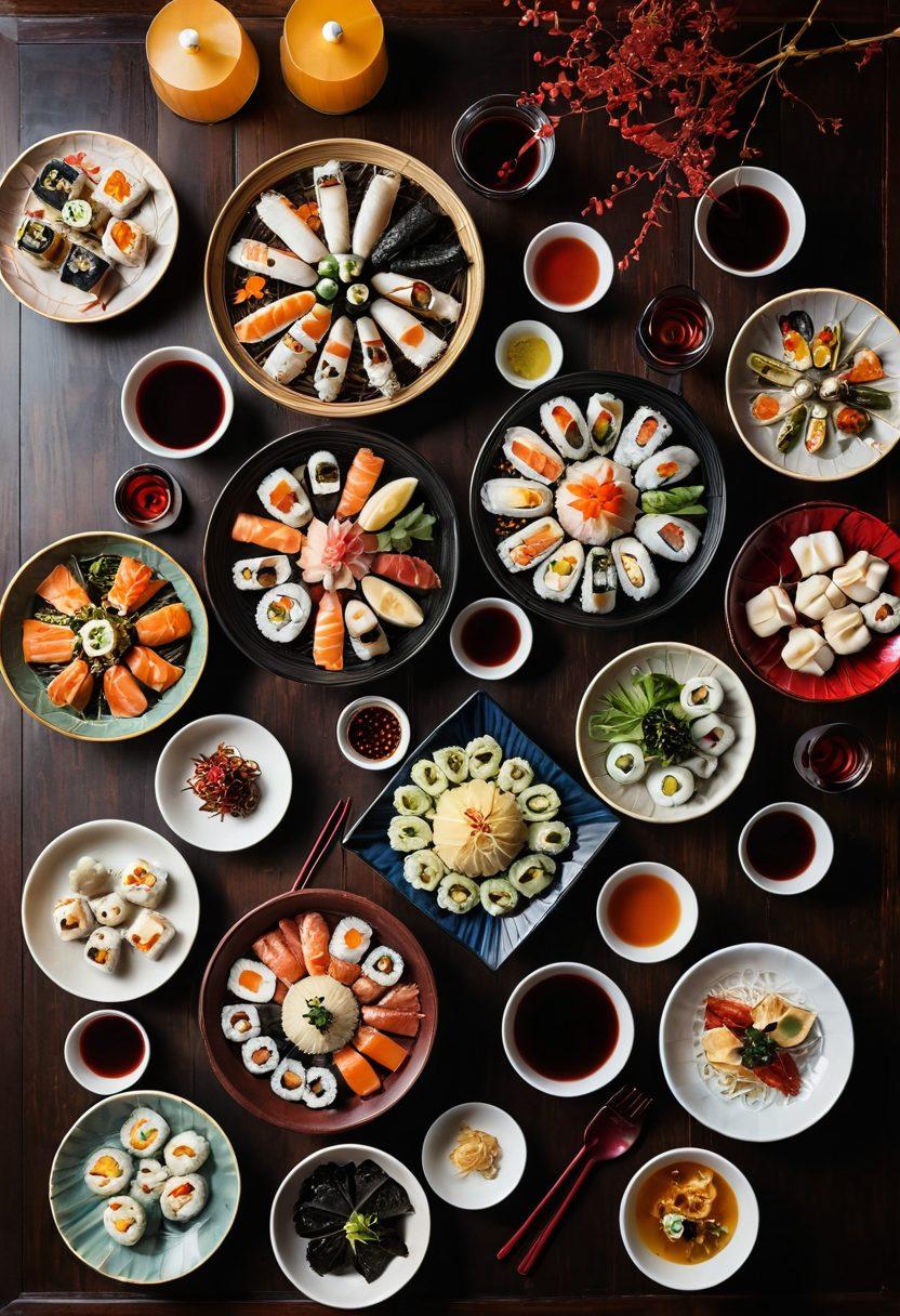 A beautifully arranged table featuring a variety of Asian dishes like sushi, dim sum, and spicy ramen, paired with both sake and Shiraz wine glasses. Incorporate vibrant colors of the food and drinks, with traditional Asian decorative elements in the background. The scene should evoke a sense of cultural fusion and culinary exploration. enhance with warm lighting that creates an inviting atmosphere. super-realistic. vibrant colors.