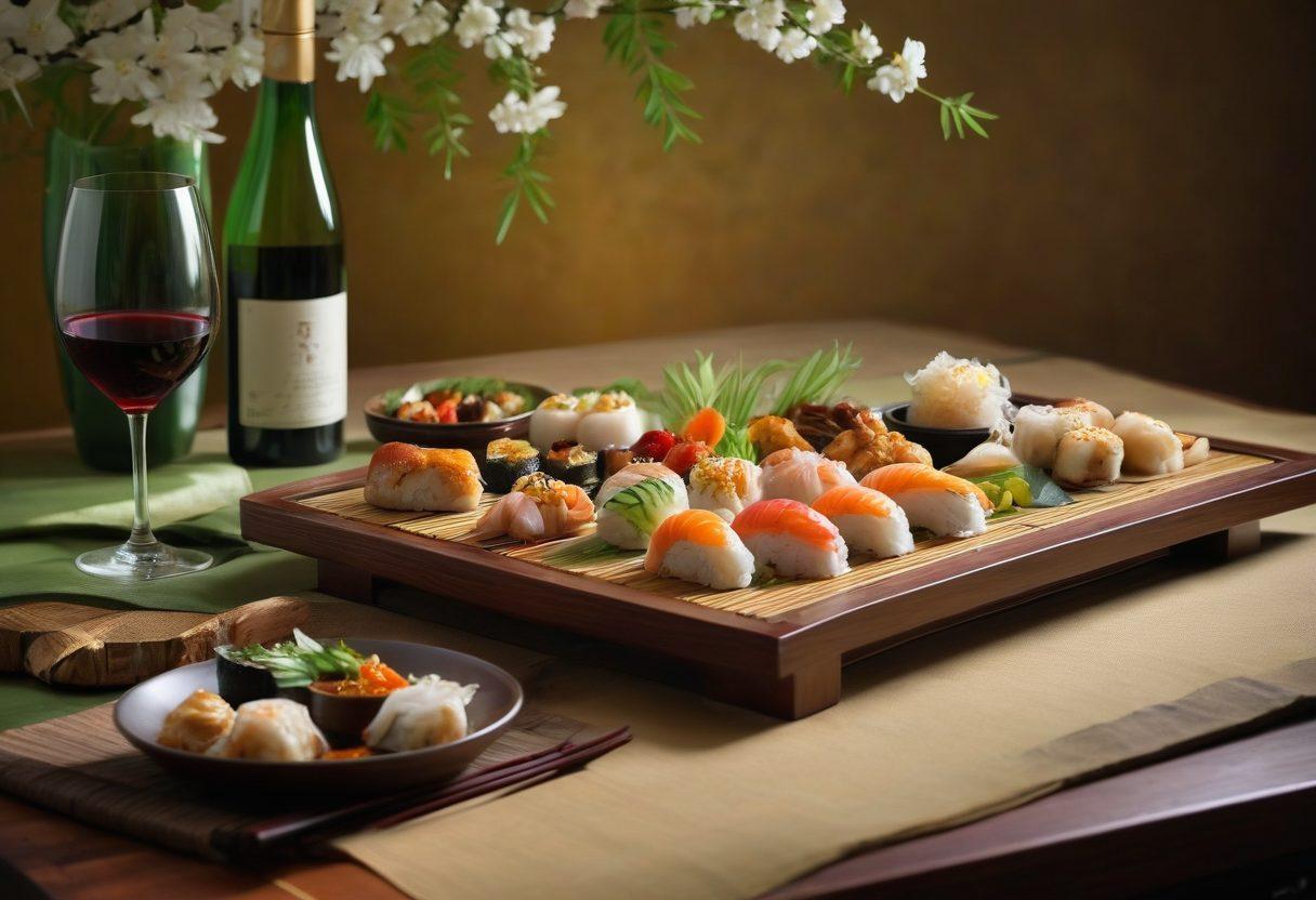 A visually stunning arrangement of vibrant Asian dishes, such as sushi, stir-fried noodles, and dim sum, each paired with glasses of elegant wines blending Western and Eastern styles. The backdrop features lush green bamboo and soft, ambient lighting to create a harmonious atmosphere. Include delicate elements like cherry blossoms and wine corks scattered around. The focus should lie on the fusion of culinary art between Asian cuisine and wine, making it inviting and enticing. super-realistic. vibrant colors. soft lighting.